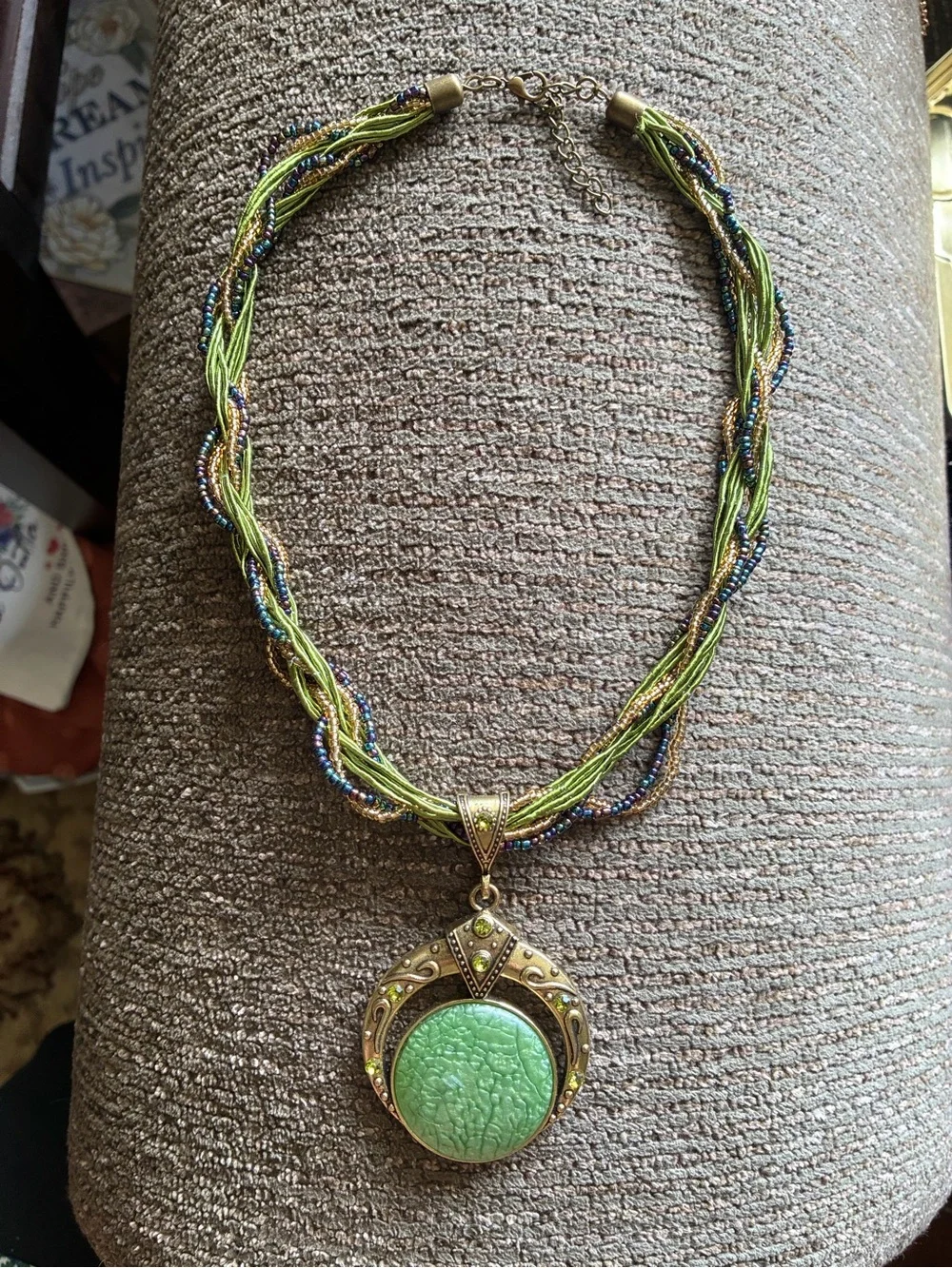 Green Multi-Strand Beaded Necklace with Antique Gold Pendant - Unbranded